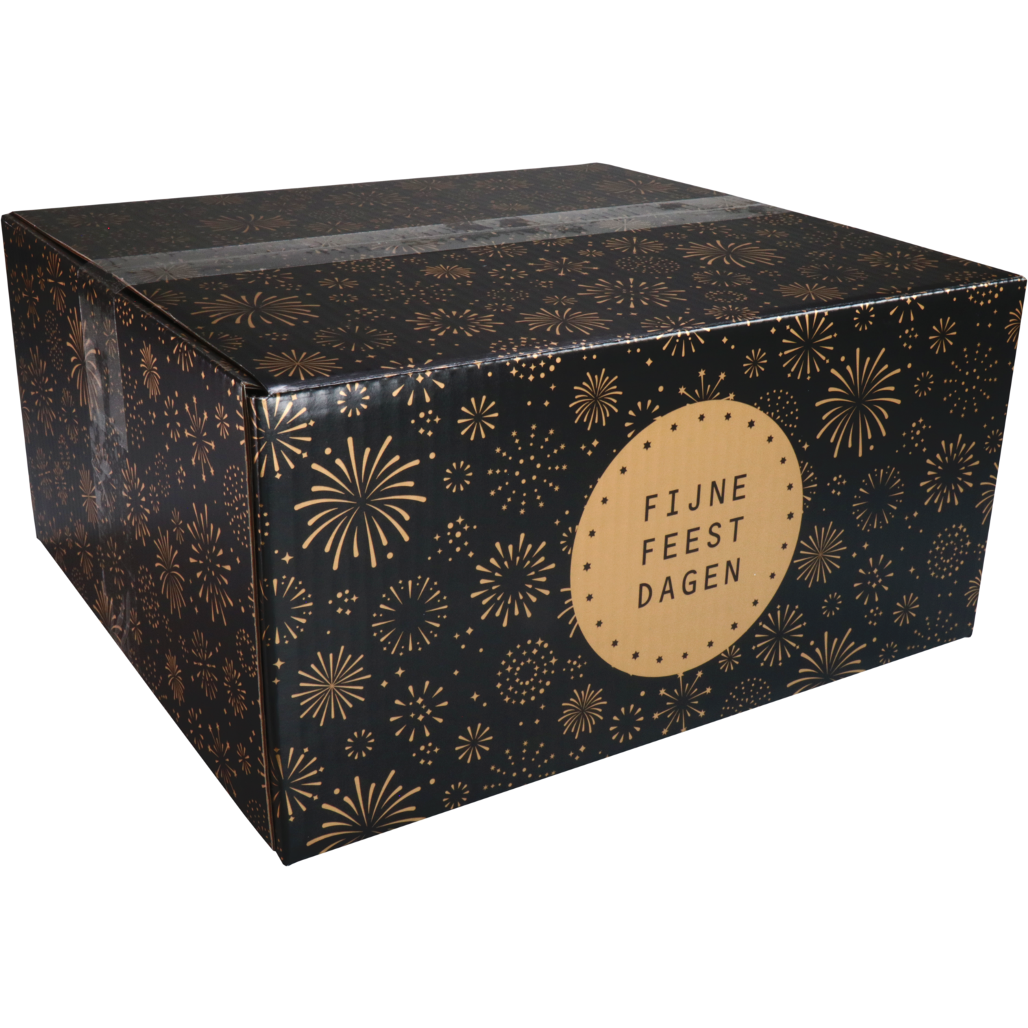 Kerstpakketdoos, Vuurwerk, golfkarton, 55x39x30cm, Kerstmis, zwart/goud, 10 stuks (E)