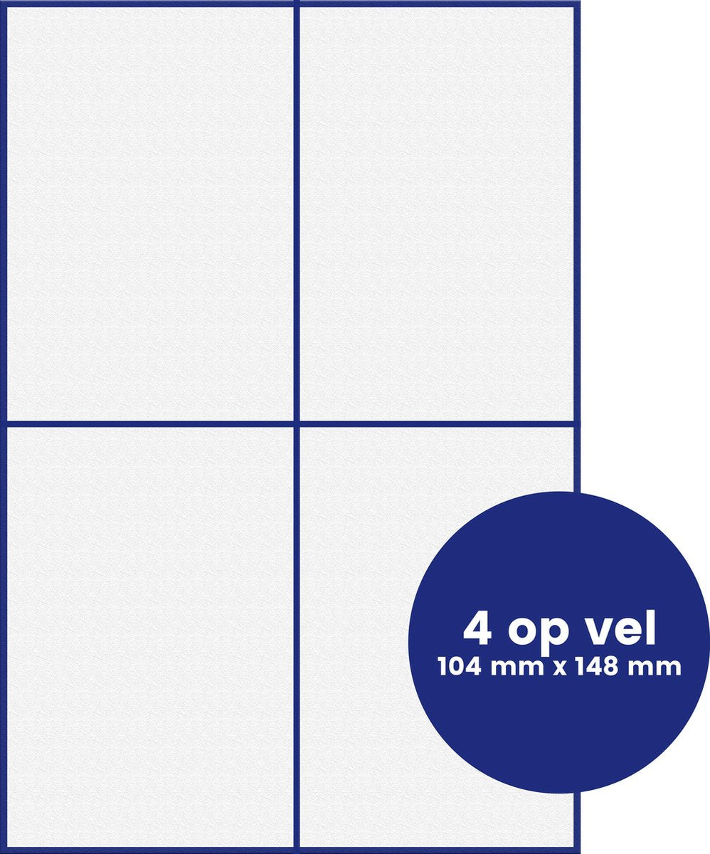 A4 zelfklevende, stickervellen, verzendetiketten, 4 per vel, 104 mm x 148 mm, 100 vellen, 400 stickers, wit