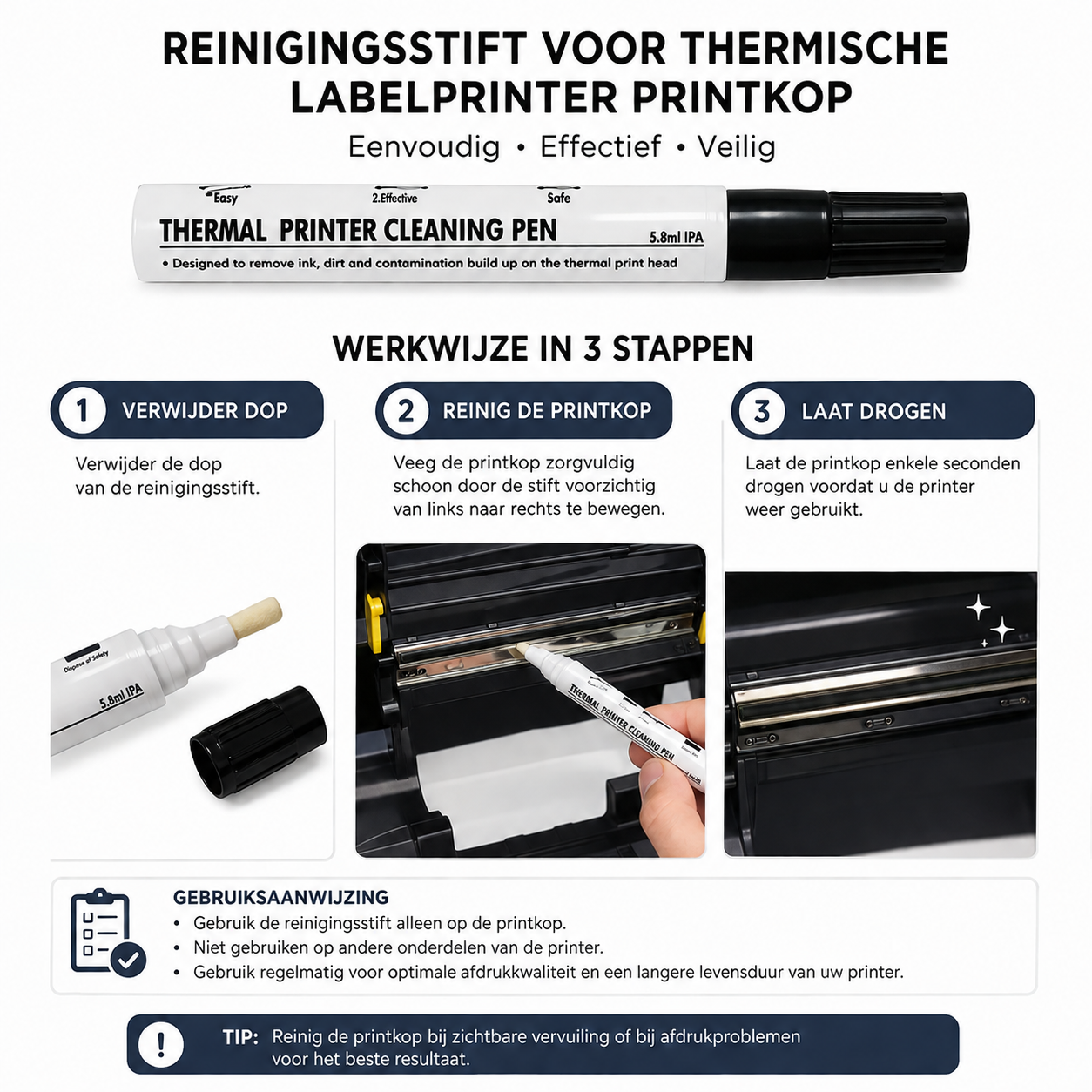 Reinigingsstift voor thermische labelprinter printkop (IPA Cleaning Pen) - 1 stuk