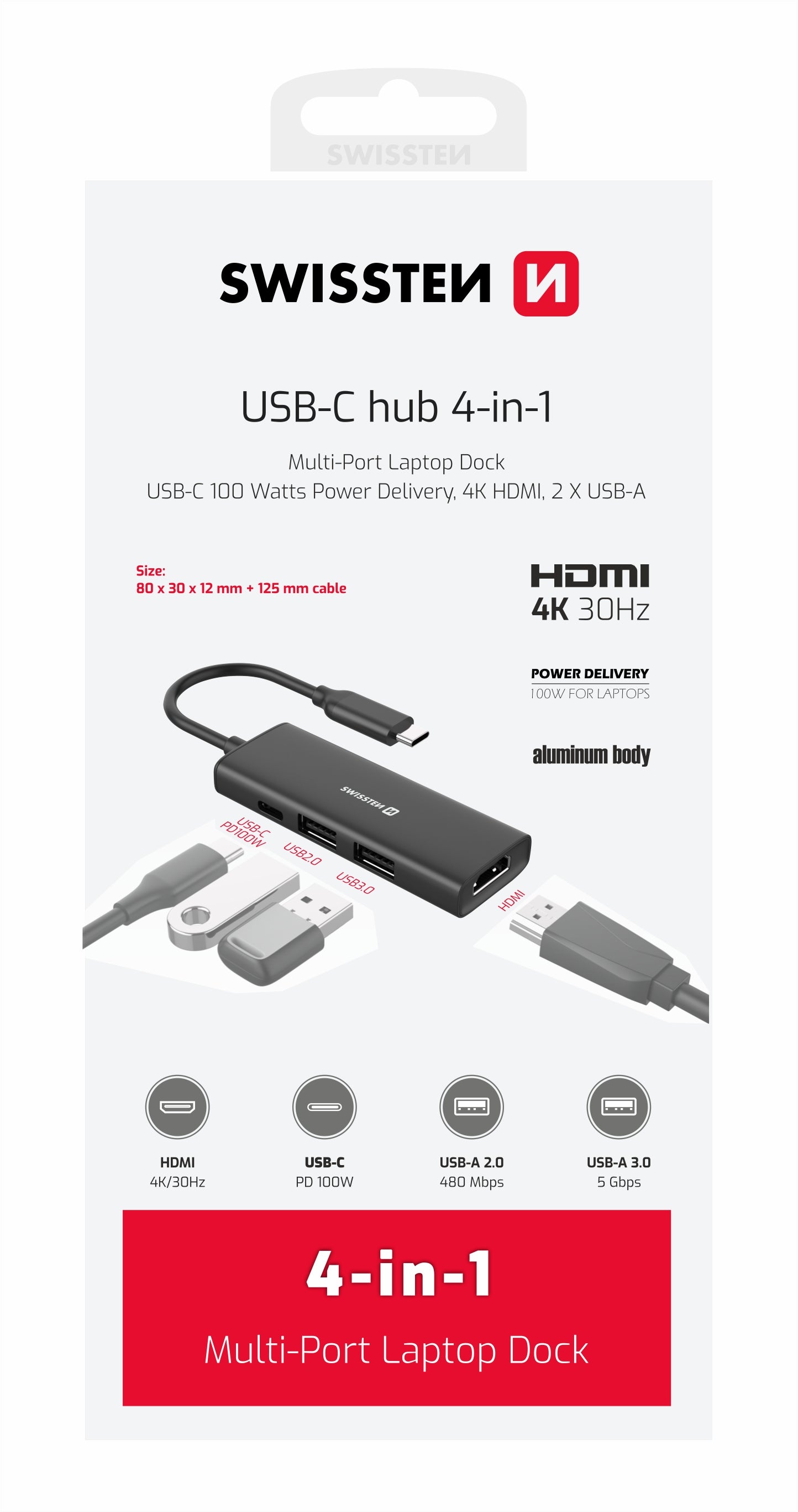 Swissten USB-C Hub 4-in-1 - USB-C 100W, HDMI 4K, 2x USB-A