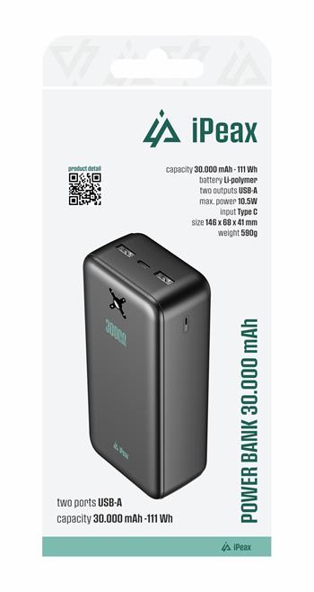 iPeax 10.5W 2x USB-A Powerbank - 90010120 - 30.000 mAh - Zwart
